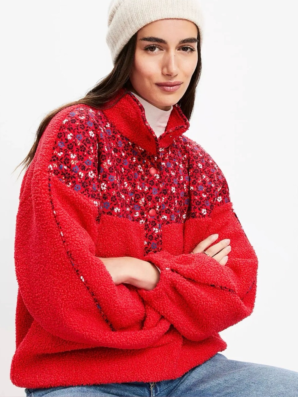 LOFT Red Mixed Media Floral Sherpa Fleece Pullover size large NWOT